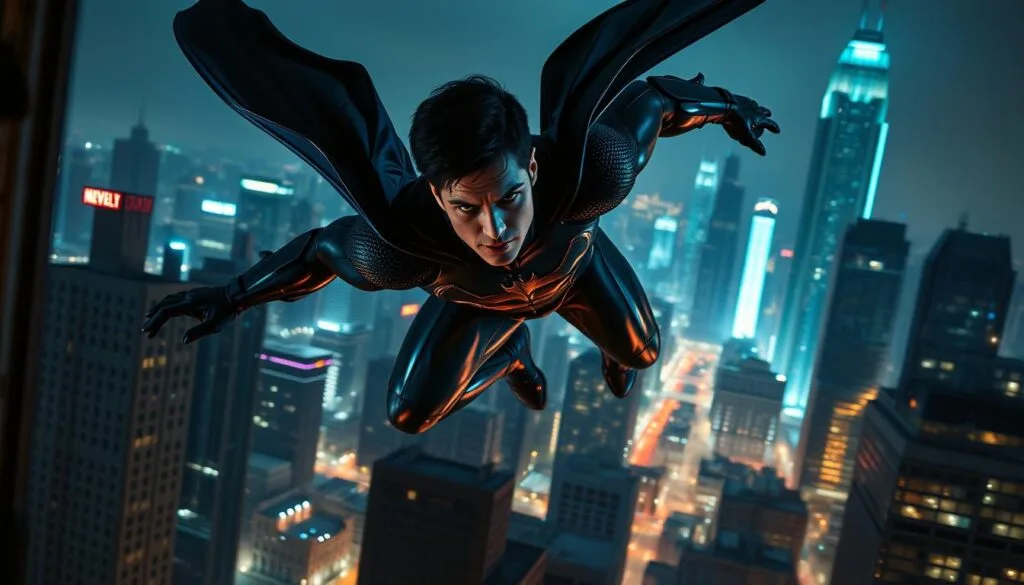 A cinematic, emotionally-charged scene of Nightwing in action. A dynamic, low-angle shot showcases the hero's acrobatic prowess as he leaps gracefully across the Gotham skyline, his midnight-blue costume billowing behind him. Vibrant neon lights from the city streets below cast dramatic shadows, creating a moody, neo-noir atmosphere. Nightwing's chiseled features are set in determined concentration, hinting at the inner turmoil and sense of purpose that drives him. The cityscape in the background is a maze of towering skyscrapers, their angular silhouettes framing the hero's bold, heroic stance. An intense, captivating scene that captures the essence of Nightwing's character and the narrative world he inhabits.