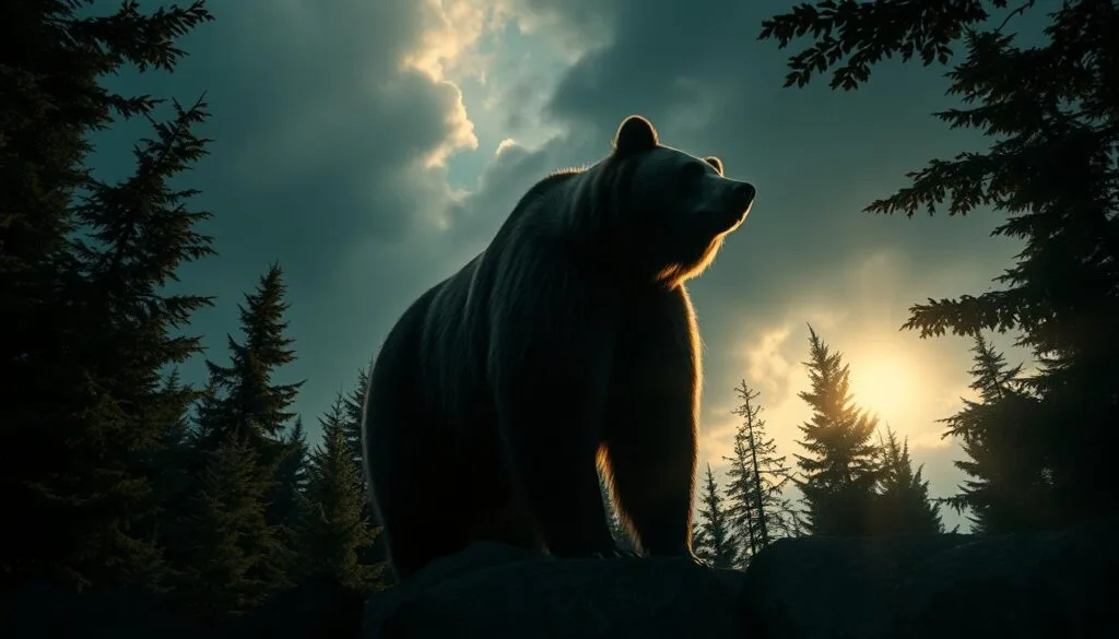 A cinematic landscape, the camera angles capturing the majestic presence of a towering grizzly bear in its natural habitat. The bear stands tall, its powerful frame silhouetted against a dramatically lit, moody sky. Sunlight filters through the dense, foliage-laden forest, casting dynamic shadows and highlighting the bear's intricate fur textures. The composition is framed to emphasize the bear's dominance, with a sense of scale and grandeur conveyed through the cinematic perspective. The overall tone is one of awe and reverence, inviting the viewer to immerse themselves in the cinematic world of "The Bear".