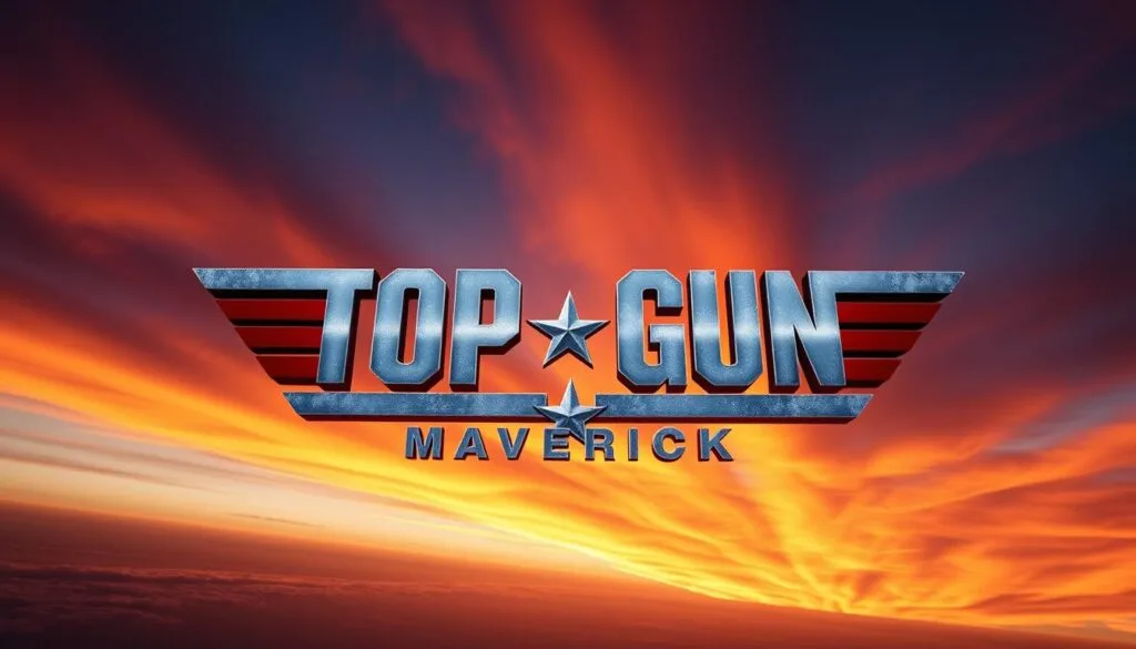 A cinematic, photorealistic image of the Top Gun: Maverick logo, rendered in a high-fidelity, 3D style. The logo is prominently displayed in the center of the frame, with a dramatic, aerial perspective that suggests the thrill and intensity of the film. The background features a stunning, twilight sky with vibrant hues of orange, purple, and blue, conveying a sense of energy and excitement. Intricate details, such as the metallic sheen of the logo and the subtle textures of the clouds, create a visually stunning and immersive atmosphere. The lighting is dramatic, with strong shadows and highlights that accentuate the bold, angular design of the logo. The overall composition and visual style evoke the high-octane, adrenaline-fueled nature of the Top Gun franchise.