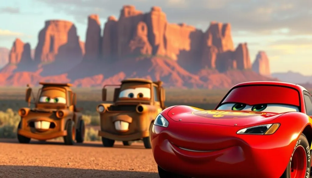 A cinematic scene depicting iconic moments from the Cars franchise. In the foreground, Lightning McQueen's sleek red body glistens under warm, golden lighting, showcasing the character's determination and racing prowess. In the middle ground, Mater's rusty tow truck stands proud, a testament to the film's emphasis on friendship and community. In the background, the majestic landscapes of Radiator Springs unfold, with towering red rock formations and a vast, endless sky. The overall atmosphere conveys the sense of adventure, nostalgia, and the timeless appeal of the Cars universe.
