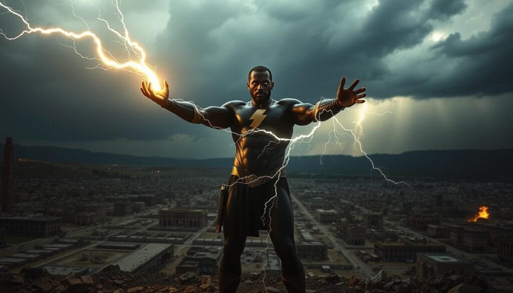 A cinematic scene depicting iconic moments of Black Adam's rise to power. In the foreground, Black Adam stands tall, his eyes glowing with righteous fury as he unleashes a bolt of lightning from his outstretched hand. Behind him, the ruins of a once-prosperous city lie in the middle ground, a testament to his destructive might. In the distant background, ominous storm clouds gather, casting an ominous shadow over the landscape. The lighting is dramatic, with sharp contrasts between light and shadow, emphasizing the raw power and intensity of the moment. The scene is captured with a wide-angle lens, giving a sense of scale and grandeur to the proceedings. The overall mood is one of awe-inspiring spectacle, capturing the sheer force and presence of the legendary Black Adam.