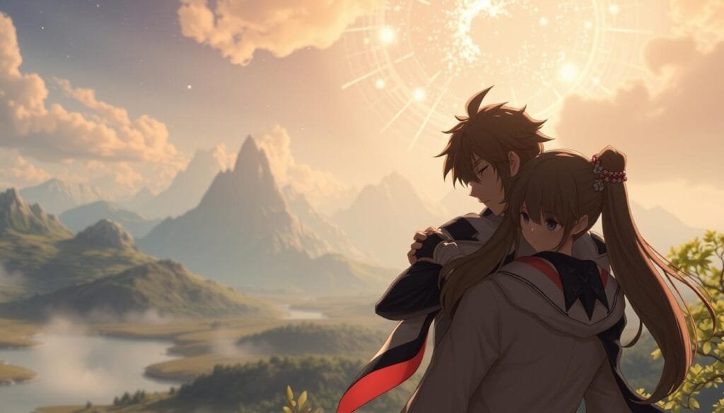 A cinematic scene of an emotional narrative in Genshin Impact's breathtaking world. In the foreground, two characters embrace, their expressions conveying a profound connection. Soft lighting bathes the scene, casting a warm, dreamlike glow. The middle ground features a lush, fantastical landscape with towering mountains and a serene body of water. In the background, a visually striking celestial event unfolds, lending an otherworldly atmosphere. The composition is masterfully framed, drawing the viewer's eye through the layers of the scene and eliciting a sense of wonder and emotional resonance.