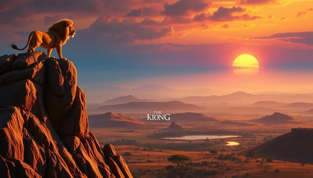 A cinematic sequence of iconic scenes from the timeless story of The Lion King, captured in a series of dynamic, hyper-realistic frames. In the foreground, a majestic pride of lions stands atop a towering rocky outcrop, bathed in warm, golden-hour lighting. In the middle ground, the sweeping savanna landscape unfolds, with rolling hills, lush greenery, and a shimmering watering hole. The background fades into a soft, hazy sky, tinged with the vibrant hues of a setting sun. The overall mood is one of grandeur, adventure, and the timeless circle of life that lies at the heart of this beloved narrative.