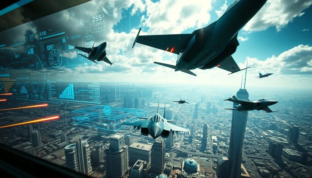 A cinematic sequence of interconnected images, captured with a wide-angle lens and dramatic lighting. In the foreground, a series of action-packed frames depicting a high-speed aerial chase, with sleek fighter jets maneuvering through the sky. The middle ground features a cluster of holographic displays, showcasing data visualizations and tactical information. In the background, a sprawling futuristic cityscape unfolds, its towering skyscrapers and intricate infrastructure creating a sense of depth and complexity. The overall scene conveys a narrative of technological advancement, strategic planning, and the thrill of high-stakes aerial combat.