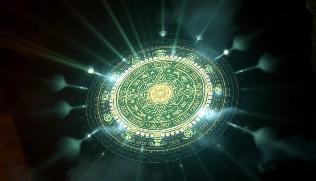 A circular transmutation array, glowing with ethereal energy, takes center stage. Intricate alchemical symbols and arcane runes adorn its surface, pulsing with otherworldly power. The array is depicted in a dimly lit, atmospheric setting, with shadows and highlights creating depth and drama. Radiant beams of light emanate from the array, illuminating the surrounding environment. The overall scene conveys a sense of mysticism, ancient knowledge, and the raw power of alchemy in action.