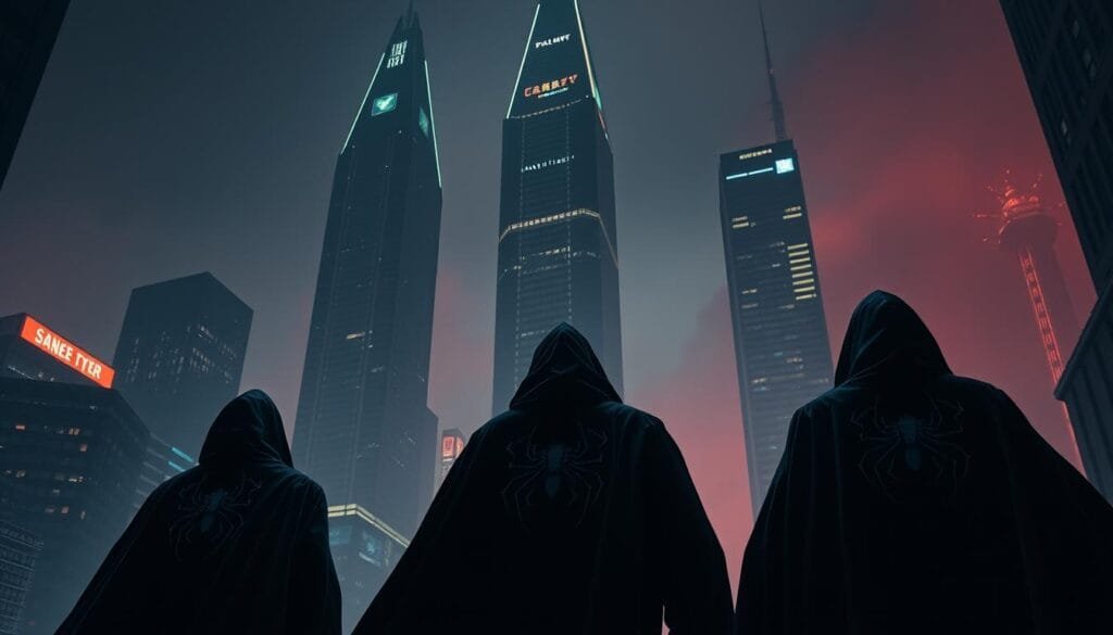 A clandestine group of elite thieves, the Genei Ryodan, cloaked in the shadows of the dark city. In the foreground, their distinctive black capes billow in an eerie wind, adorned with the iconic spider emblems. Towering skyscrapers loom in the middle ground, their sharp edges and angular architecture casting an ominous presence. The background is shrouded in a moody, neon-tinged haze, hinting at the Ryodan's mysterious and elusive nature. Dramatic low-angle lighting accentuates the foreboding atmosphere, creating deep shadows that conceal the Ryodan's true motives. Realistic, cinematic in style, with a sense of impending danger and intrigue.