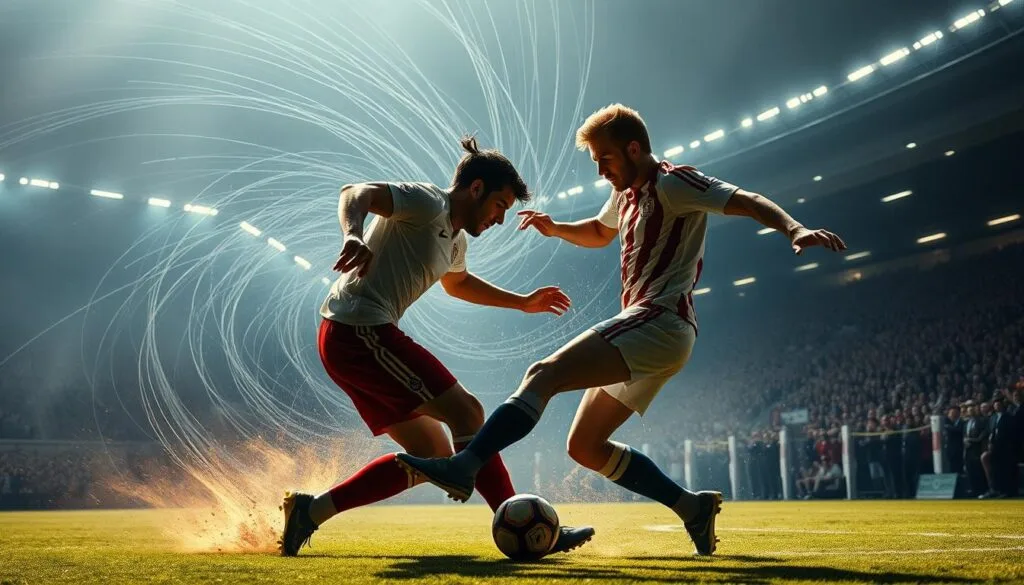 A clash of legendary soccer rivals, set against a dramatic backdrop. In the foreground, two players locked in an intense duel, their bodies in motion, muscles tensed as they fight for possession of the ball. Surrounding them, a swirling vortex of energy, with streaks of light and shadow swirling around the players, creating a sense of dynamism and power. In the distance, a stadium filled with cheering fans, their silhouettes visible through the haze. The lighting is dramatic, with harsh shadows and highlights, accentuating the players' movements and the intensity of the moment. The overall tone is one of high-stakes competition, with the iconic rivals pushing each other to the limits of their abilities.