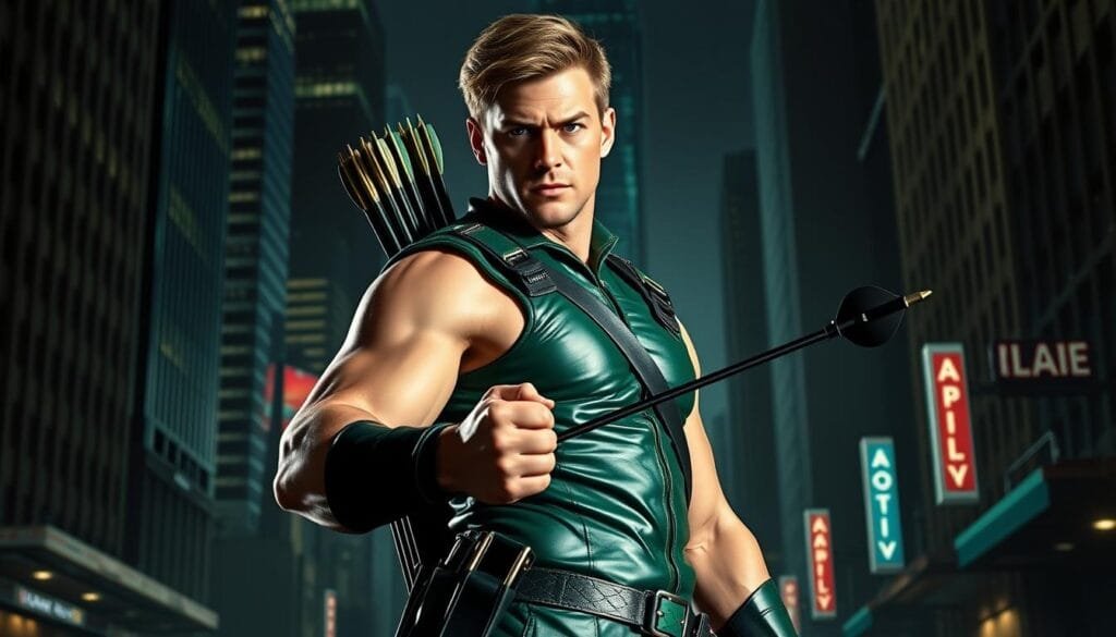 A classic Green Arrow standing tall, clad in his iconic green leather outfit with a quiver of arrows slung across his back. His chiseled features and determined expression convey a sense of heroic purpose, as he grips his signature recurve bow, ready to take aim. The lighting is dramatic, casting bold shadows that accentuate the lines of his muscular physique, while the background is a moody cityscape of towering skyscrapers and neon-lit alleyways, setting the stage for his urban vigilante exploits. The overall atmosphere is one of gritty realism, blending comic book aesthetics with a cinematic, photorealistic quality.
