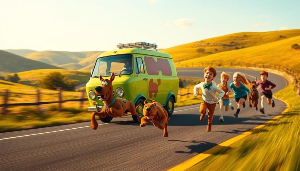 A classic Scooby-Doo chase scene unfolds in a vibrant, vintage-inspired setting. The Mystery Machine van races down a winding country road, its signature colors and groovy styling standing out against a backdrop of lush, rolling hills. In the foreground, Scooby and Shaggy sprint in full panic, their expressions of sheer terror comically exaggerated. Behind them, the rest of the Mystery Inc. gang chases in hot pursuit, their faces determined as they close in on the mischievous duo. The lighting is warm and golden, casting a nostalgic glow over the entire scene. The composition is dynamic, with the van and characters frozen in a moment of high-speed action, conveying the classic thrill and energy of a Scooby-Doo chase sequence.