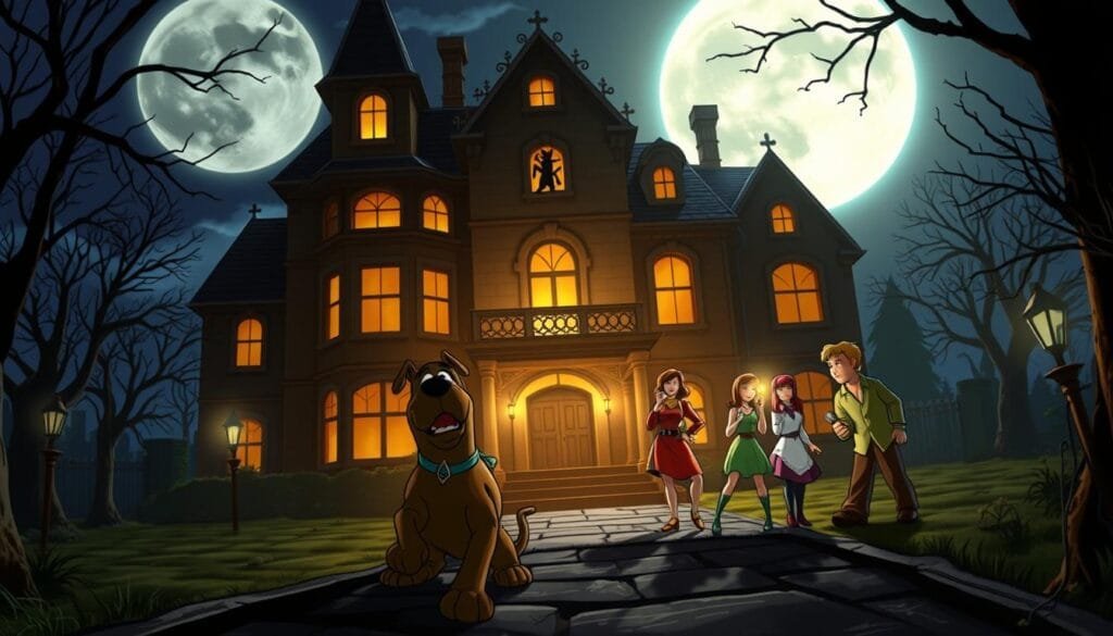 A classic Scooby-Doo scene unfolding in a spooky mansion, with the Mystery Inc. gang investigating a haunted house. The imposing facade of the mansion looms in the background, its gothic architecture casting long shadows under a full moon. In the foreground, Scooby and Shaggy cower in fear, while Velma, Daphne, and Fred cautiously explore the eerie hallways, flashlights in hand. Cobwebs, creaking floorboards, and the occasional bump in the night set the mood of suspense and mystery. Warm, dramatic lighting illuminates the characters, creating dramatic shadows and highlighting the tension. A cinematic, widescreen composition captures the grandeur of the setting and the drama of the investigation.