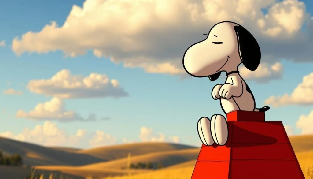 A classic Snoopy, sitting atop his iconic red doghouse, gazing pensively into the distance. The scene is bathed in a warm, golden-hour light, casting soft shadows and highlighting the iconic black-and-white patterning of Snoopy's fur. The background is a tranquil, pastoral landscape, with rolling hills and a clear blue sky dotted with fluffy white clouds. Snoopy's expression is one of contemplation, his ears perked up and his eyes narrowed, as if lost in thought. The image captures the charm and timeless appeal of this beloved Peanuts character in a realistic, high-quality rendering.