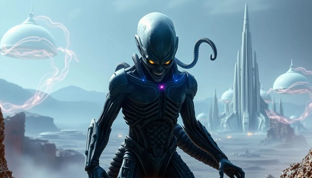 A classic alien transformations scene set in a futuristic, extraterrestrial landscape. In the foreground, the central figure undergoes a dynamic metamorphosis, their body contorting and morphing into an otherworldly creature with striking features - armored exoskeleton, pulsating tentacles, glowing eyes. The middle ground depicts swirling energies and technological constructs, hinting at the advanced science behind the transformation. In the distant background, a vast alien cityscape of towering spires and glistening domes rises up, bathed in an ethereal, neon-tinged light. The overall atmosphere is one of awe-inspiring, sci-fi wonder, capturing the essence of classic alien transformations.