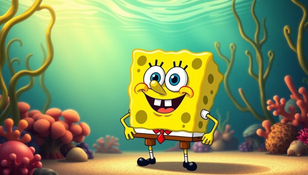 A classic cartoon-style depiction of the beloved character Bob Esponja, also known as SpongeBob SquarePants. The scene showcases Bob Esponja in his iconic yellow square shape, with his signature buckteeth, large eyes, and a bright, friendly expression. He is set against a detailed underwater background, complete with swaying kelp, vibrant coral formations, and a gently rippling water surface. The lighting is warm and natural, casting a soft, nostalgic glow on the scene. The overall atmosphere evokes a sense of whimsy, playfulness, and the classic charm of the original animated series.