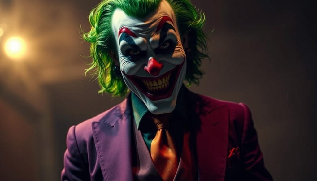 A classic comic book Joker character, with a vibrant green wig, exaggerated white makeup, and a menacing grin. He wears a purple suit and vest, with a bright red necktie. The lighting is dramatic, casting deep shadows on his face, creating an ominous, unsettling atmosphere. The background is hazy, with a moody, cinematic quality, emphasizing the Joker's sinister presence. The camera angle is slightly low, looking up at the Joker, adding to the sense of his power and dominance. The overall effect is one of a classic, iconic interpretation of the Joker, capturing the character's unhinged and unpredictable nature. A classic comic book Joker character, with a vibrant green wig, exaggerated white makeup, and a menacing grin. He wears a purple suit and vest, with a bright red necktie. The lighting is dramatic, casting deep shadows on his face, creating an ominous, unsettling atmosphere. The background is hazy, with a moody, cinematic quality, emphasizing the Joker's sinister presence. The camera angle is slightly low, looking up at the Joker, adding to the sense of his power and dominance. The overall effect is one of a classic, iconic interpretation of the Joker, capturing the character's unhinged and unpredictable nature.
