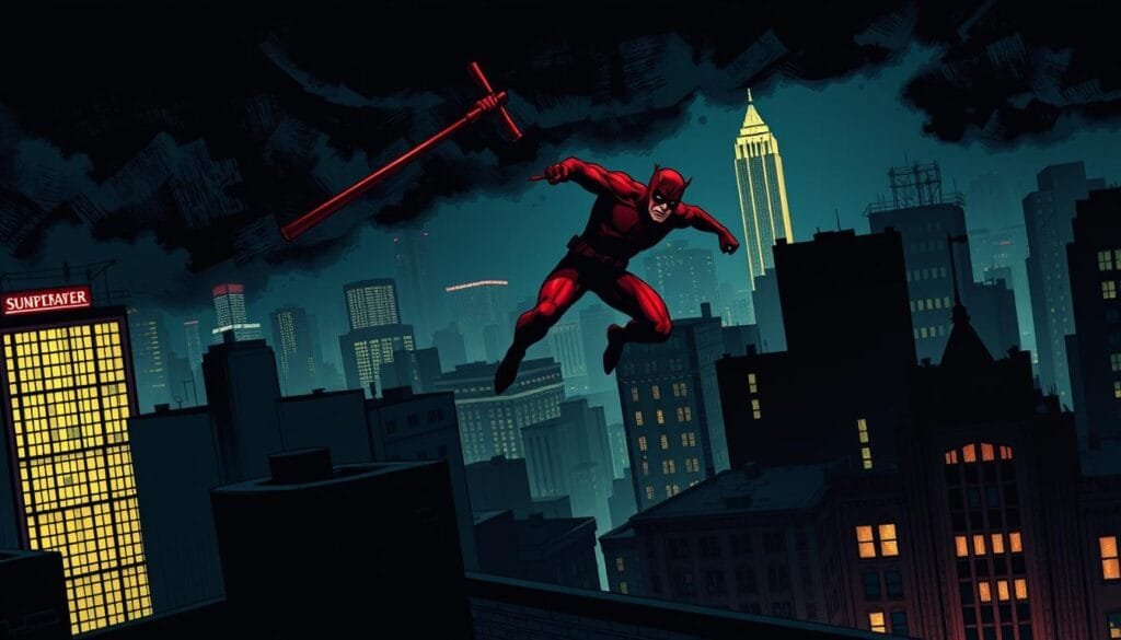A classic comic book depiction of Daredevil, the crimson-clad superhero, leaping heroically across the rooftops of a dimly lit, neon-soaked cityscape. His signature billy club is gripped tightly in his gloved hand as he navigates the shadows, his keen senses guiding his every move. The scene is rendered in a bold, dynamic comic book style, with deep shadows, high contrast, and a rich, saturated color palette evoking the gritty world of the Marvel universe. The lighting is dramatic, casting Daredevil in an ominous, chiaroscuro-inspired spotlight as he prowls the night, ready to defend the innocent and challenge the forces of evil.