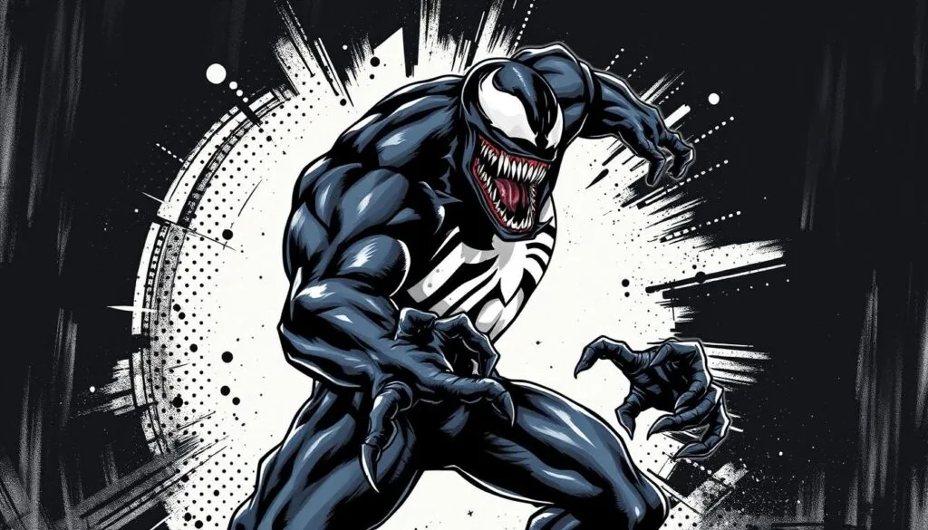 A classic comic book style illustration of Venom, the iconic Marvel anti-hero. Venom's monstrous, alien-like form dominates the frame, with sharp fangs, piercing white eyes, and a menacing black and white color scheme. The character is posed in a dynamic, action-oriented stance, creating a sense of movement and energy. The background features bold, graphic comic book-inspired textures and patterns, such as halftone dots, inky brushstrokes, and moody shadows, which help to establish the retro, hand-drawn aesthetic. Dramatic lighting casts dramatic shadows, highlighting Venom's muscular physique and textured, symbiotic skin. The overall mood is one of tension, power, and a touch of the macabre, perfectly capturing the essence of this iconic Marvel character.