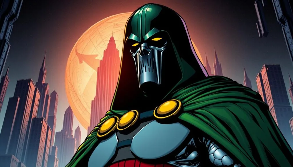 A classic comic book-style portrait of Doctor Doom, the iconic Marvel supervillain. In the foreground, Doom stands tall and imposing, his iconic mask and regal green cloak casting an ominous presence. The middle ground features a detailed, textured backdrop of a futuristic cityscape, hinting at Doom's advanced technological prowess. The lighting is dramatic, with deep shadows and sharp highlights accentuating the chiaroscuro effect. The overall mood is one of power, mystery, and the looming threat of Doom's schemes. The image should convey the character's classic comic book aesthetic, with a bold, illustrative style that captures the essence of this legendary Marvel antagonist.