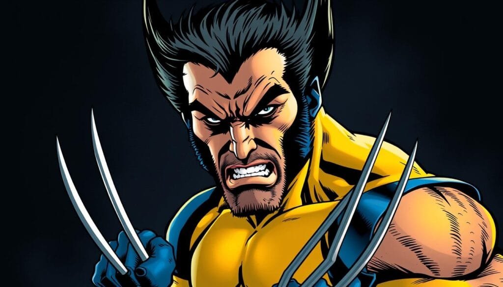 A classic comic book-style portrait of Wolverine, the gruff and rugged X-Men mutant. Set against a moody, high-contrast backdrop, the image features Wolverine's distinct facial features, including his piercing eyes, chiseled jaw, and unruly sideburns. His classic yellow and blue costume is rendered in bold, graphic lines, with his iconic claws extended menacingly. The lighting is dramatic, casting sharp shadows and highlights to accentuate the character's muscular physique and intense expression. The overall composition and style evoke the dynamic energy and gritty aesthetic of vintage Marvel comics.
