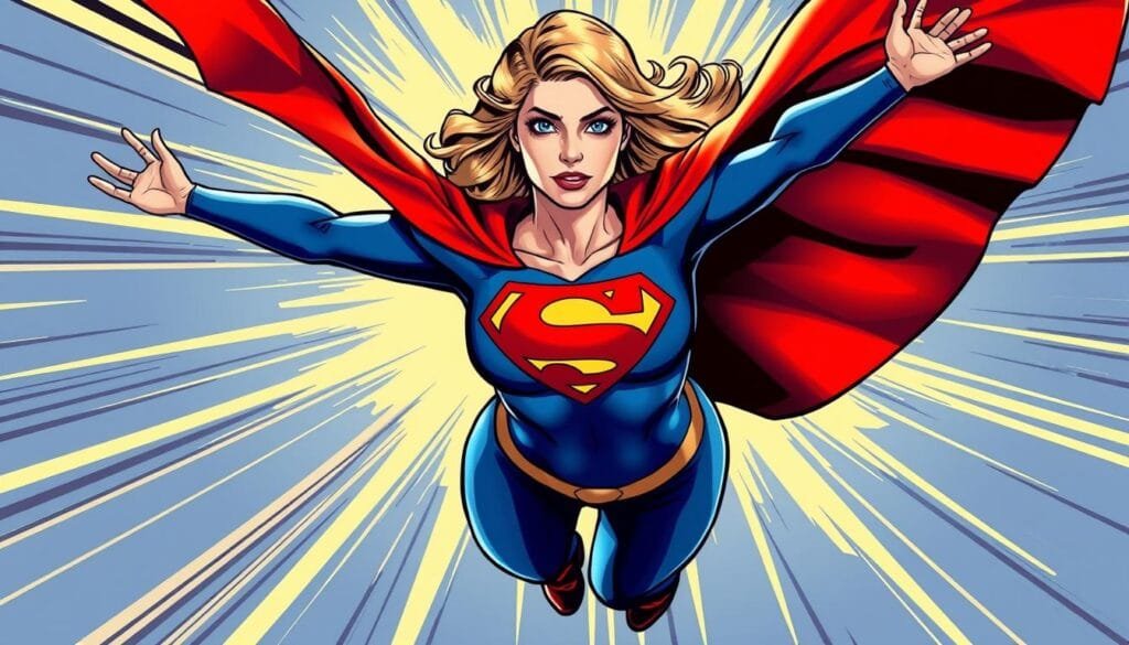 A classic comic-style depiction of Supergirl, floating gracefully in mid-air with her arms outstretched, cape billowing dramatically behind her. She has an unwavering expression of determination, her piercing blue eyes gazing ahead with a sense of heroic purpose. Vibrant primary colors dominate the frame, with Supergirl's iconic red and blue costume contrasting against a dynamic, comic book-inspired background. Dramatic lighting casts dramatic shadows, emphasizing the heroine's sculpted features and powerful physique. The overall scene has a timeless, vintage aesthetic, capturing the spirit of classic comic book illustration.