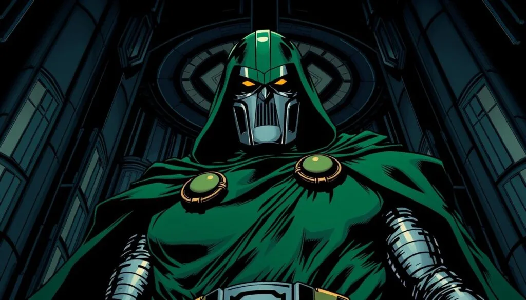 A classic comic-style portrait of Doctor Doom, the iconic Marvel supervillain. Rendered in a bold, dynamic comic book aesthetic, with heavy ink lines, exaggerated features, and a moody, chiaroscuro lighting. Doom stands tall, his imposing figure clad in his signature green tunic and metal mask, his ominous gaze burning with ambition and malice. The background is a layered composition of dark shadows, geometric architectural elements, and ominous technological flourishes, creating a sense of foreboding and Doom's uncompromising control. Dramatic camera angle from a low perspective to emphasize Doom's domineering presence. Overall, a striking, vivid depiction of the quintessential comic book supervillain.