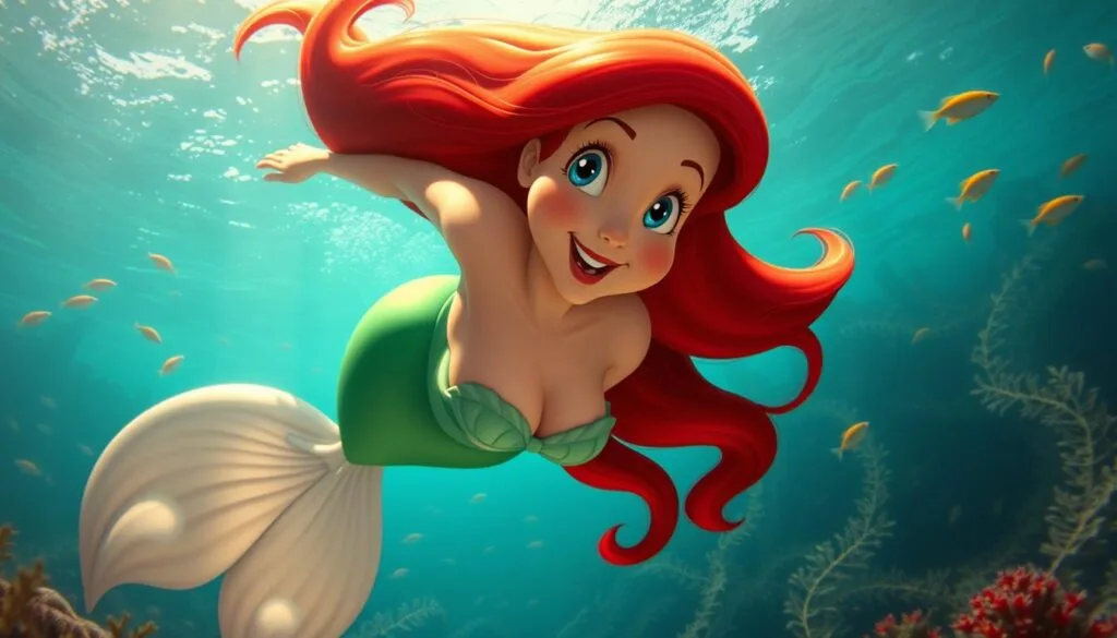 A classically styled Disney mermaid princess swimming gracefully underwater, her luscious red hair flowing behind her. Delicate seashell brassiere, vibrant green tail, and a whimsical expression of wonder. Soft, warm lighting filters through the crystal clear ocean, creating a dreamlike, magical atmosphere. Vibrant schools of tropical fish and swaying kelp forests in the background, hinting at the enchanting undersea world. Dramatic low angle perspective, as if captured through the lens of an old-fashioned camera. Enchanting, nostalgic, and bursting with Disney-esque charm.