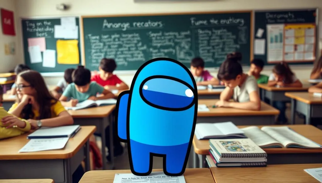 A classroom setting with students sitting at desks, engaged in learning activities. In the foreground, an "Among Us" character is prominently displayed, seamlessly integrated into the educational environment. The character's vibrant colors and distinctive design create a playful, yet informative atmosphere. The middle ground features various educational materials, such as textbooks, notebooks, and learning aids, suggesting a productive and enriching learning experience. The background depicts a chalkboard or whiteboard, with relevant subject matter and information displayed, reinforcing the academic context. The lighting is soft and natural, creating a warm and inviting ambiance. The overall composition conveys a harmonious blend of educational elements and the whimsical presence of the "Among Us" character, highlighting the potential for incorporating popular media into effective learning strategies.