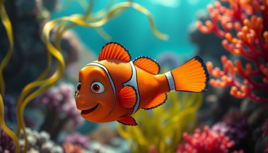 A close-up, high-quality shot of the animated fish character Nemo, with his distinctive orange body and trademark white stripe. Nemo is swimming gracefully, his specially adapted fin gently propelling him through the lush, vibrant underwater scene. The lighting is soft and diffused, creating a warm, peaceful mood. The background is a detailed, realistic seascape, with swaying seaweed, colorful coral, and a hint of the ocean's surface above. The composition is centered on Nemo, allowing the viewer to focus on the intricacies of his unique fin and the tranquil beauty of his oceanic home. A close-up, high-quality shot of the animated fish character Nemo, with his distinctive orange body and trademark white stripe. Nemo is swimming gracefully, his specially adapted fin gently propelling him through the lush, vibrant underwater scene. The lighting is soft and diffused, creating a warm, peaceful mood. The background is a detailed, realistic seascape, with swaying seaweed, colorful coral, and a hint of the ocean's surface above. The composition is centered on Nemo, allowing the viewer to focus on the intricacies of his unique fin and the tranquil beauty of his oceanic home.