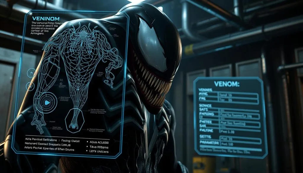 A close-up, highly detailed image of the technical parameters and specifications for Venom, the iconic Marvel antihero. Rendered in a sleek, high-tech aesthetic with a dark, moody atmosphere. The foreground showcases a holographic display of Venom's suit schematic, with emphasis on the intricate mesh of symbiotic tendrils and the advanced biometric sensors. The middle ground features a 3D model of Venom's head, rendered with realistic textures and dramatic shadows. The background has a gritty, industrial setting with metallic surfaces, exposed pipes, and a dim, moody lighting that casts an ominous glow. The overall tone is one of technical precision, power, and the ominous presence of this formidable character.