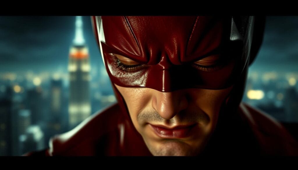 A close-up of Daredevil's face, his eyes closed in concentration, his heightened senses allowing him to perceive the world around him with extraordinary clarity. The lighting is dramatic, casting deep shadows and highlighting the contours of his face. In the background, a blurred cityscape of Gotham City, hinting at the dangers he faces. The atmosphere is tense and foreboding, conveying the intensity of Daredevil's heightened abilities and the challenges he must overcome.