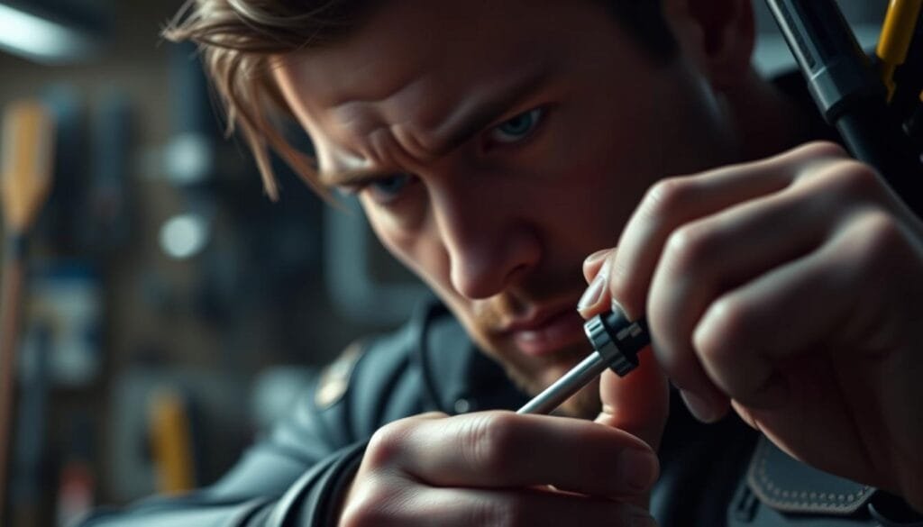 A close-up of Hawkeye's hands carefully crafting a custom arrow, the sharp focus on his skilled fingers delicately adjusting the intricate components. In the middle ground, Hawkeye's intense expression as he concentrates, his brow furrowed in determination. The background softly blurred, suggesting a high-tech workshop filled with precision tools and advanced archery equipment. Dramatic, cool-toned lighting casts dramatic shadows, emphasizing the technical precision of Hawkeye's advanced arrow-making techniques.