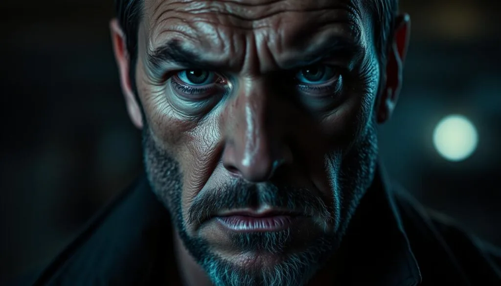 A close-up portrait of Billy Butcher, the ruthless leader of The Boys, in a dark and gritty tone. His weathered face is illuminated by cool, dramatic lighting, casting deep shadows that accentuate his chiseled features and intense gaze. His brow is furrowed, conveying a sense of unwavering determination and a hint of barely contained rage. The background is blurred, placing the focus entirely on Butcher's commanding presence. The depth of field is shallow, creating a cinematic, almost film-noir aesthetic. The image captures the essence of this complex and morally ambiguous character, exuding a palpable aura of danger and uncompromising resolve.