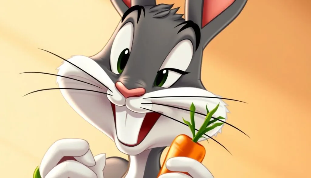 A close-up portrait of Bugs Bunny, the iconic cartoon character, in a classic animated style. Bugs is shown in mid-action, his mischievous expression and trademark carrot-chewing pose capturing his playful and clever persona. The scene is set against a soft, diffused background, with warm, natural lighting illuminating Bugs' distinctive features - his large, expressive eyes, long ears, and a vibrant, detailed fur texture. The composition emphasizes Bugs' dynamic personality, inviting the viewer to engage with the beloved Looney Tunes character.