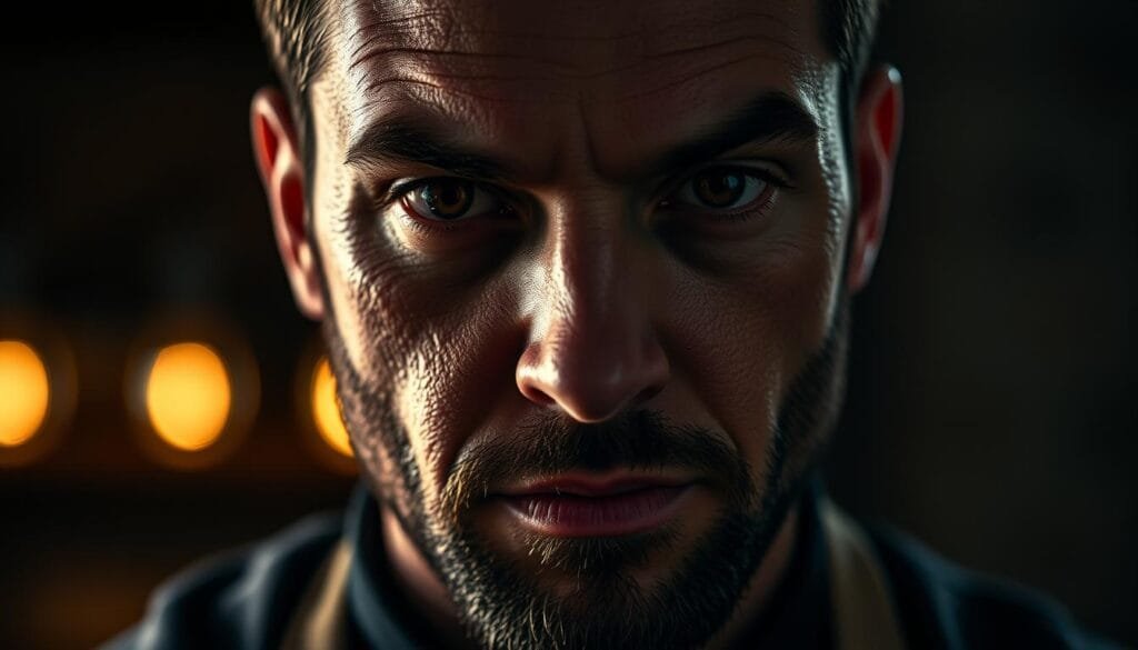 A close-up portrait of Carmy Berzatto, the skilled and passionate chef protagonist of the TV series "The Bear". Carmy is depicted with a serious, focused expression, his piercing brown eyes and strong facial features conveying a sense of determination and intensity. The lighting is dramatic, with shadows accentuating the contours of his face, creating a chiaroscuro effect. The background is blurred, placing the emphasis solely on Carmy's captivating presence. The image is captured with a shallow depth of field, giving it a cinematic, almost documentary-like quality. The overall mood is one of grit, passion, and the relentless pursuit of culinary excellence that defines Carmy's character. A close-up portrait of Carmy Berzatto, the skilled and passionate chef protagonist of the TV series "The Bear". Carmy is depicted with a serious, focused expression, his piercing brown eyes and strong facial features conveying a sense of determination and intensity. The lighting is dramatic, with shadows accentuating the contours of his face, creating a chiaroscuro effect. The background is blurred, placing the emphasis solely on Carmy's captivating presence. The image is captured with a shallow depth of field, giving it a cinematic, almost documentary-like quality. The overall mood is one of grit, passion, and the relentless pursuit of culinary excellence that defines Carmy's character.