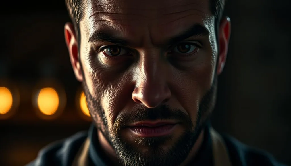 A close-up portrait of Carmy Berzatto, the skilled and passionate chef protagonist of the TV series "The Bear". Carmy is depicted with a serious, focused expression, his piercing brown eyes and strong facial features conveying a sense of determination and intensity. The lighting is dramatic, with shadows accentuating the contours of his face, creating a chiaroscuro effect. The background is blurred, placing the emphasis solely on Carmy's captivating presence. The image is captured with a shallow depth of field, giving it a cinematic, almost documentary-like quality. The overall mood is one of grit, passion, and the relentless pursuit of culinary excellence that defines Carmy's character.