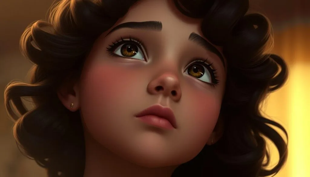 A close-up portrait of Dolores Madrigal, the Encanto character with the gift of superhuman hearing. She has a serene, thoughtful expression, her eyes gazing upwards as if listening intently. Her features are soft and youthful, framed by lush, dark curls. The lighting is warm and diffused, creating a cozy, intimate atmosphere. The background is hazy and indistinct, allowing the viewer to focus on Dolores' face and the delicate details of her expression. The overall mood is one of quiet contemplation, hinting at the complexity of her gift and the way she navigates the world around her. A close-up portrait of Dolores Madrigal, the Encanto character with the gift of superhuman hearing. She has a serene, thoughtful expression, her eyes gazing upwards as if listening intently. Her features are soft and youthful, framed by lush, dark curls. The lighting is warm and diffused, creating a cozy, intimate atmosphere. The background is hazy and indistinct, allowing the viewer to focus on Dolores' face and the delicate details of her expression. The overall mood is one of quiet contemplation, hinting at the complexity of her gift and the way she navigates the world around her.