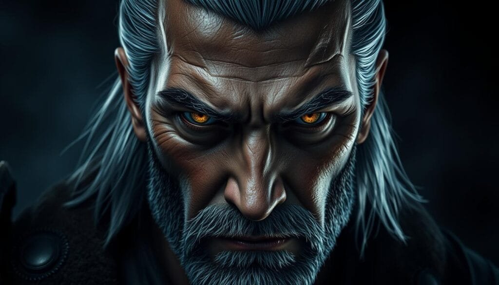 A close-up portrait of Geralt of Rivia, the renowned Witcher, set against a moody, atmospheric background. Geralt's weathered, chiseled features are highlighted by dramatic lighting, casting shadows that accentuate his rugged, intense expression. His piercing yellow eyes seem to lock onto the viewer, conveying a sense of stoic determination. The image is captured with a shallow depth of field, blurring the background to focus the attention on Geralt's captivating visage. The overall mood is one of gritty realism, reflecting the grim and dangerous world of The Witcher.