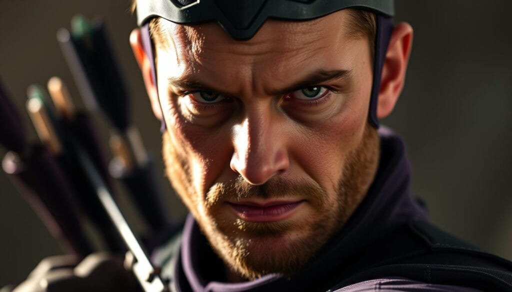 A close-up portrait of Hawkeye, the Marvel superhero, as he appears in the Disney+ series. Clad in his signature purple and black tactical gear, his bow and quiver of arrows slung across his back. His face is partially obscured by his mask, but his intense, determined gaze is visible, conveying the weight of his responsibilities as a Avenger. Soft, directional lighting illuminates the details of his rugged features, creating a dramatic, cinematic atmosphere. The background is blurred, keeping the focus squarely on the hero, as if captured in a pivotal moment of the show's narrative.