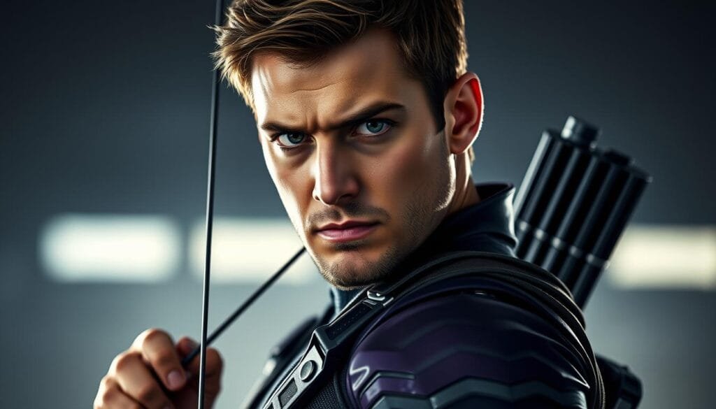 A close-up portrait of Hawkeye, the skilled archer and member of the Avengers superhero team. He stands in a heroic pose, bow in hand, wearing his signature purple and black uniform with tactical gear. His intense gaze and focused expression convey his unwavering determination. The lighting is dramatic, casting sharp shadows and highlights across his rugged features. The background is blurred, placing the emphasis on the character's strong, stoic presence. The overall tone is one of power, precision, and the quiet confidence of a seasoned warrior.