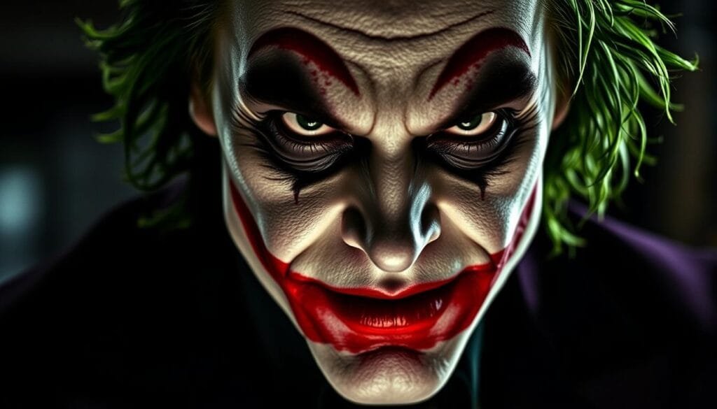 A close-up portrait of Heath Ledger's portrayal of the Joker from the 2008 film The Dark Knight. The Joker's face is prominently featured, with his iconic makeup - smeared red lips, blackened eyes, and green hair. His intense, unhinged gaze stares directly at the viewer, conveying a sense of menacing madness. The lighting is dramatic, with strong shadows casting an ominous atmosphere. The background is blurred, keeping the focus solely on the Joker's unsettling expression. The image has a gritty, cinematic quality, reflecting the dark and gritty tone of the film. A close-up portrait of Heath Ledger's portrayal of the Joker from the 2008 film The Dark Knight. The Joker's face is prominently featured, with his iconic makeup - smeared red lips, blackened eyes, and green hair. His intense, unhinged gaze stares directly at the viewer, conveying a sense of menacing madness. The lighting is dramatic, with strong shadows casting an ominous atmosphere. The background is blurred, keeping the focus solely on the Joker's unsettling expression. The image has a gritty, cinematic quality, reflecting the dark and gritty tone of the film.