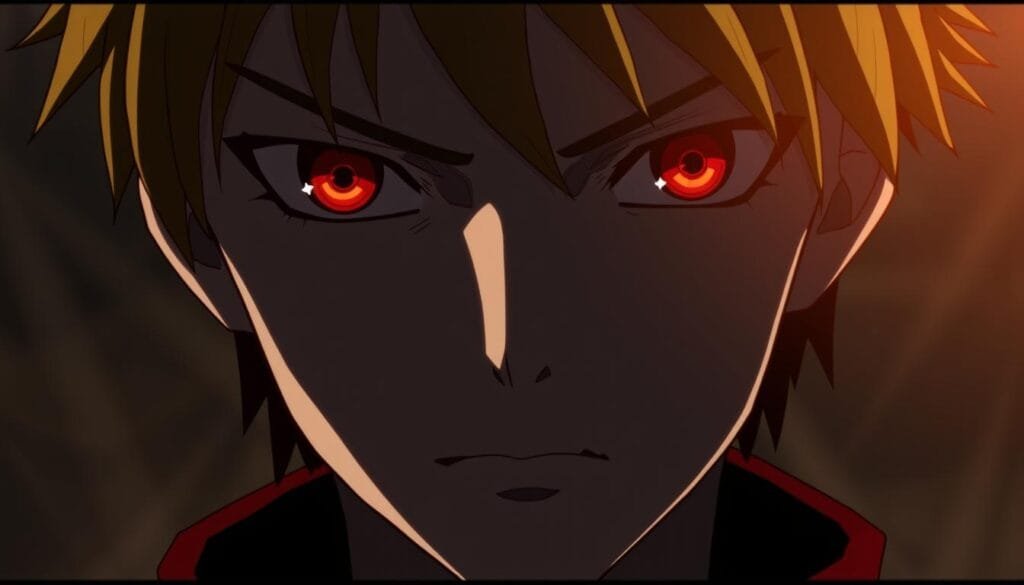 A close-up portrait of Kurapika, the protagonist from the anime series Hunter x Hunter, with his eyes shining a vibrant scarlet red. His gaze is intense and unwavering, reflecting his fierce determination and the burden of his clan's tragic past. The lighting is dramatic, casting deep shadows across his chiseled features and highlighting the crimson hue of his eyes. The background is a muted, atmospheric setting, allowing the viewer to focus solely on Kurapika's powerful expression. The overall mood is somber and contemplative, capturing the essence of this complex character and his connection to the Scarlet Eyes.