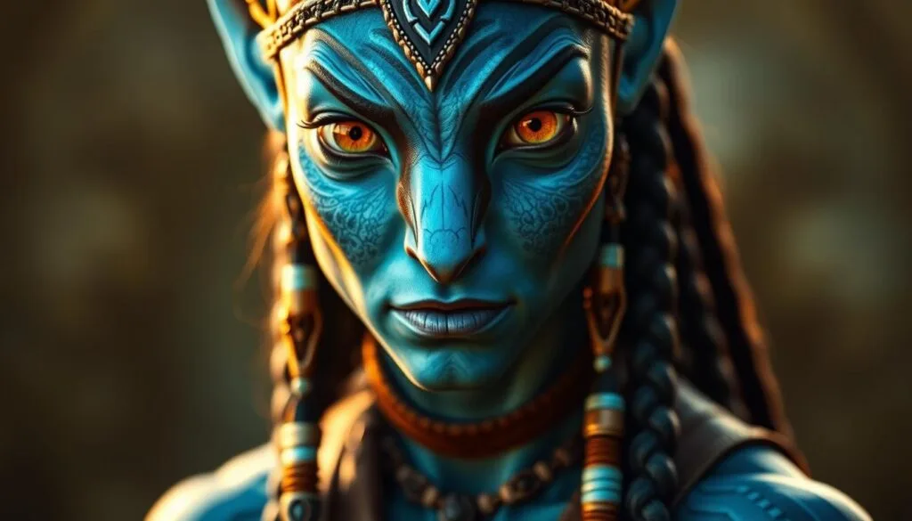 A close-up portrait of Neytiri, the Na'vi warrior princess from the film Avatar. She has vibrant blue skin, large almond-shaped eyes, and distinctive facial markings. Her long, braided hair cascades over her shoulders, and she wears traditional Na'vi jewelry and headdress. Her expression is fierce and determined, conveying the strength and grace of her character. The image is shot with soft, warm lighting, creating a sense of depth and dimension. The background is blurred, keeping the focus on Neytiri's captivating face and upper body.