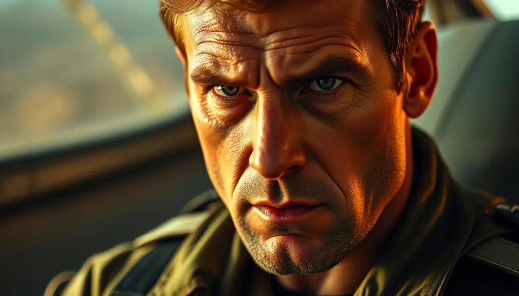 A close-up portrait of Pete "Maverick" Mitchell, the legendary pilot from the Top Gun franchise, with a determined expression on his face. He is wearing his signature flight suit in shades of olive green, the details of the fabric and patches clearly visible. Maverick's rugged features are illuminated by warm, dramatic lighting, casting shadows that accentuate his chiseled jawline and piercing eyes. The background is slightly blurred, keeping the focus on the subject's intense gaze and creating a sense of intensity and purpose. The overall mood is one of confidence, skill, and a touch of recklessness, capturing the essence of this iconic character.