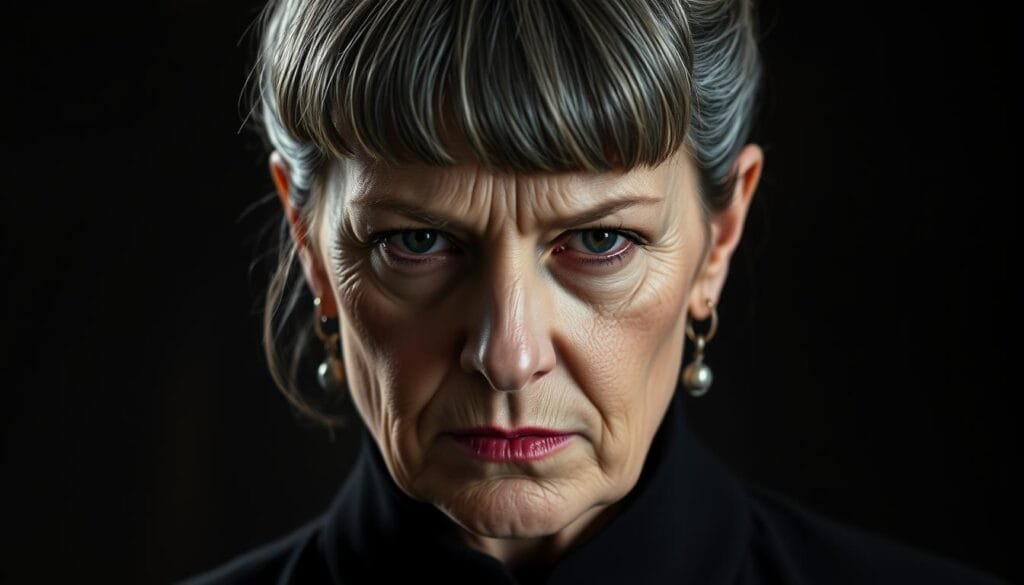A close-up portrait of Polly Gray, the matriarch of the Peaky Blinders gang in Birmingham, England. She has a stern, piercing gaze, her gray hair swept back neatly. Polly wears a black dress with a high collar, accentuating her strong features. The lighting is dramatic, casting shadows that highlight the lines on her face, conveying her stoic determination. The background is blurred, placing the focus entirely on Polly's intense, IA-generated expression. The overall mood is one of power, resilience, and the weight of the criminal underworld she navigates with unwavering resolve. A close-up portrait of Polly Gray, the matriarch of the Peaky Blinders gang in Birmingham, England. She has a stern, piercing gaze, her gray hair swept back neatly. Polly wears a black dress with a high collar, accentuating her strong features. The lighting is dramatic, casting shadows that highlight the lines on her face, conveying her stoic determination. The background is blurred, placing the focus entirely on Polly's intense, IA-generated expression. The overall mood is one of power, resilience, and the weight of the criminal underworld she navigates with unwavering resolve.