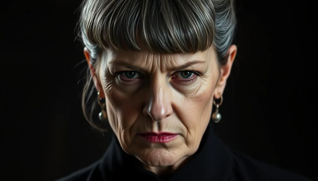 A close-up portrait of Polly Gray, the matriarch of the Peaky Blinders gang in Birmingham, England. She has a stern, piercing gaze, her gray hair swept back neatly. Polly wears a black dress with a high collar, accentuating her strong features. The lighting is dramatic, casting shadows that highlight the lines on her face, conveying her stoic determination. The background is blurred, placing the focus entirely on Polly's intense, IA-generated expression. The overall mood is one of power, resilience, and the weight of the criminal underworld she navigates with unwavering resolve.