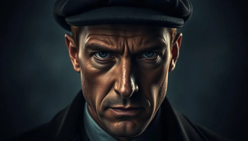 A close-up portrait of Tommy Shelby, the enigmatic leader of the Peaky Blinders, set against a moody, atmospheric backdrop. Tommy's piercing gaze, framed by his signature flat cap and sharp features, exudes a palpable sense of determination and power. The lighting is dramatic, casting deep shadows across his face, enhancing the air of mystery and intensity that surrounds him. The background is hazy and indistinct, allowing the viewer to focus solely on Tommy's commanding presence. The overall tone is one of brooding intensity, reflecting the complex and morally ambiguous nature of the Peaky Blinders' world.