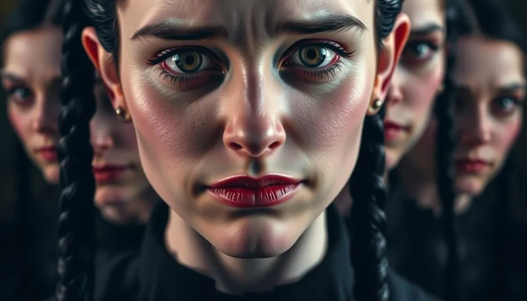 A close-up portrait of Wednesday Addams, also known as Wednesday Merlina, with a range of expressive facial poses. She has pale skin, dark eyes, and her signature black braids. The lighting is dramatic, with strong shadows and highlights that accentuate her features. The background is blurred, keeping the focus on her face. Wednesday's expressions convey a mix of emotions - a subtle smirk, a deadpan stare, a slight frown, and a hint of mischief. The overall mood is somber, mysterious, and slightly unsettling, capturing the essence of the iconic character.