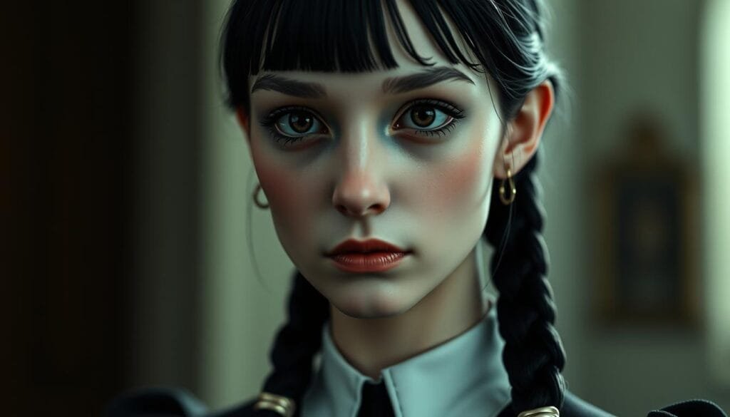 A close-up portrait of Wednesday Addams, the iconic character from the Addams Family, reimagined as an AI-generated digital art piece. The subject has a pale, porcelain-like complexion, with dark, intense eyes and a subtle, pensive expression. Her signature black dress and signature braids are rendered in intricate detail, creating a striking contrast against a softly blurred, ethereal background. The lighting is dramatic, with subtle shadows and highlights accentuating the subject's features, giving the image a moody, atmospheric quality. The overall style is a seamless blend of realism and surrealism, capturing the character's distinctive essence while showcasing the capabilities of AI-powered image generation.