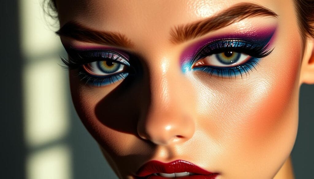 A close-up portrait of a model's face, with meticulously applied Euphoria-inspired makeup. The eyes are adorned with vibrant, dramatic eyeshadow in shades of blues, purples, and metallics, creating a striking, otherworldly look. The skin is flawless and luminous, with highlights accentuating the cheekbones. The lips are painted in a deep, rich burgundy hue. The model's gaze is intense and captivating, drawing the viewer in. The lighting is soft and directional, casting dramatic shadows and highlights to enhance the intricate makeup details. The background is blurred, placing the focus entirely on the model's mesmerizing facial features and makeup artistry.