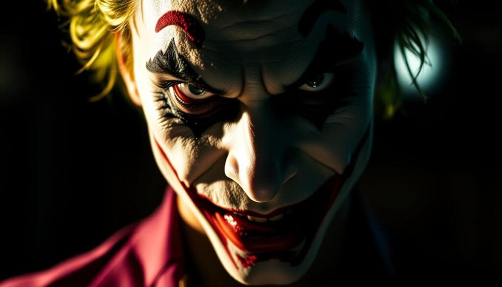 A close-up portrait of the Joker, with a striking and intense expression. Dramatic lighting casts deep shadows across his face, accentuating his chiseled features and manic gaze. The image has a gritty, cinematic aesthetic, with a shallow depth of field that keeps the Joker in sharp focus while blurring the background. The lighting is a combination of warm and cool tones, creating a moody, unsettling atmosphere. The Joker's makeup is meticulously applied, with sharp lines and a vibrant red smile that contrasts with his pale, almost ghostly skin. The overall composition is carefully balanced, drawing the viewer's attention directly to the Joker's intense expression. A close-up portrait of the Joker, with a striking and intense expression. Dramatic lighting casts deep shadows across his face, accentuating his chiseled features and manic gaze. The image has a gritty, cinematic aesthetic, with a shallow depth of field that keeps the Joker in sharp focus while blurring the background. The lighting is a combination of warm and cool tones, creating a moody, unsettling atmosphere. The Joker's makeup is meticulously applied, with sharp lines and a vibrant red smile that contrasts with his pale, almost ghostly skin. The overall composition is carefully balanced, drawing the viewer's attention directly to the Joker's intense expression.