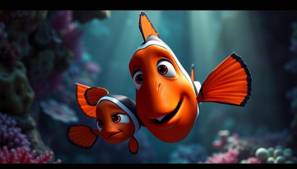 A close-up shot of Marlin, the clownfish father from the Pixar movie "Finding Nemo", protectively embracing his young son Nemo, who is swimming beside him. Marlin's fins are wrapped around Nemo, shielding him, with a look of fierce determination and parental love on Marlin's face. The scene is set in the vibrant, coral-filled underwater environment of the Great Barrier Reef, with rays of soft, diffused sunlight filtering through the water. The mood is one of tenderness, worry, and the powerful bond between a parent and child. A close-up shot of Marlin, the clownfish father from the Pixar movie "Finding Nemo", protectively embracing his young son Nemo, who is swimming beside him. Marlin's fins are wrapped around Nemo, shielding him, with a look of fierce determination and parental love on Marlin's face. The scene is set in the vibrant, coral-filled underwater environment of the Great Barrier Reef, with rays of soft, diffused sunlight filtering through the water. The mood is one of tenderness, worry, and the powerful bond between a parent and child.